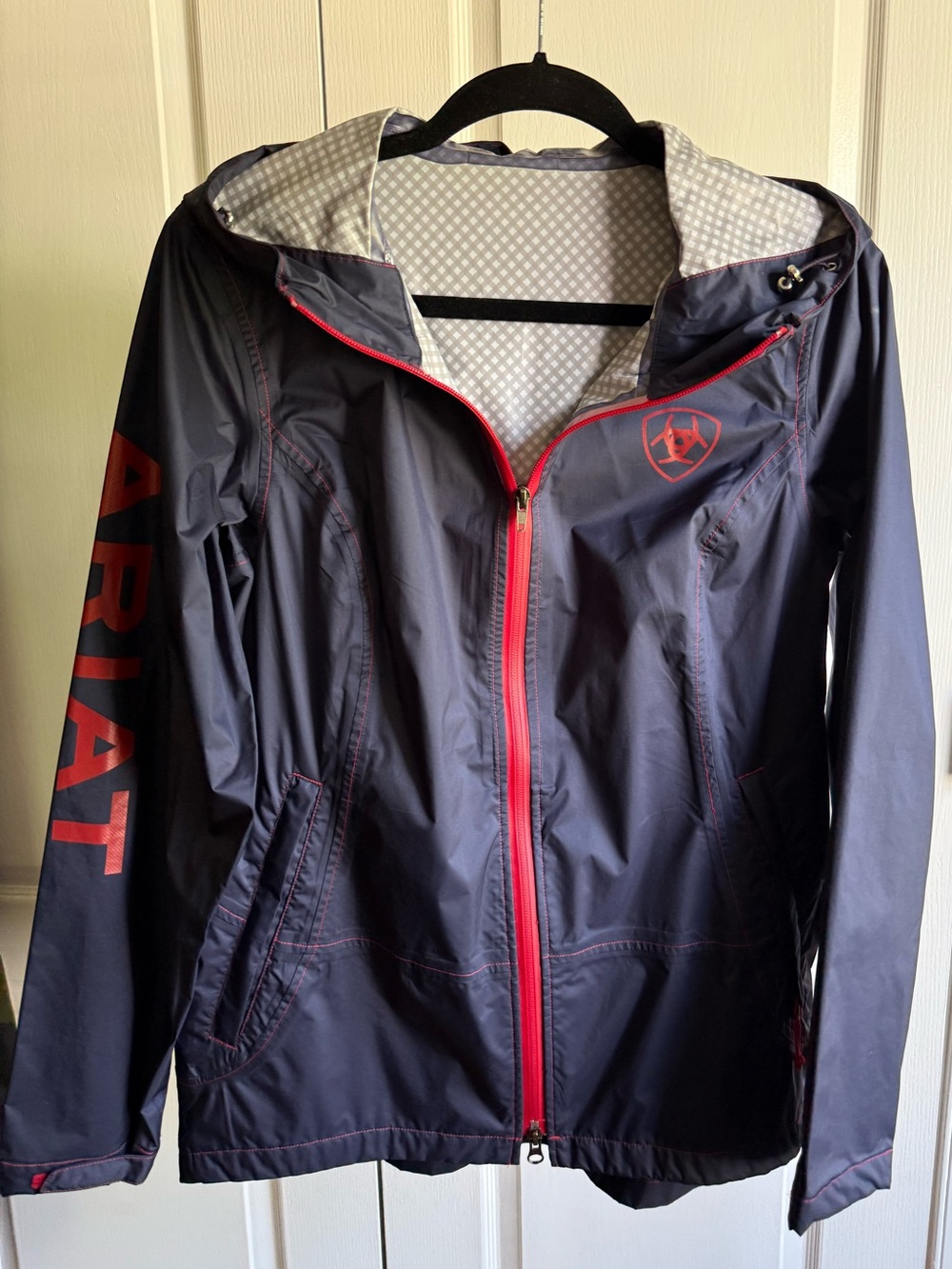Ariat Navy Hooded Rain Jacket with Red Accents